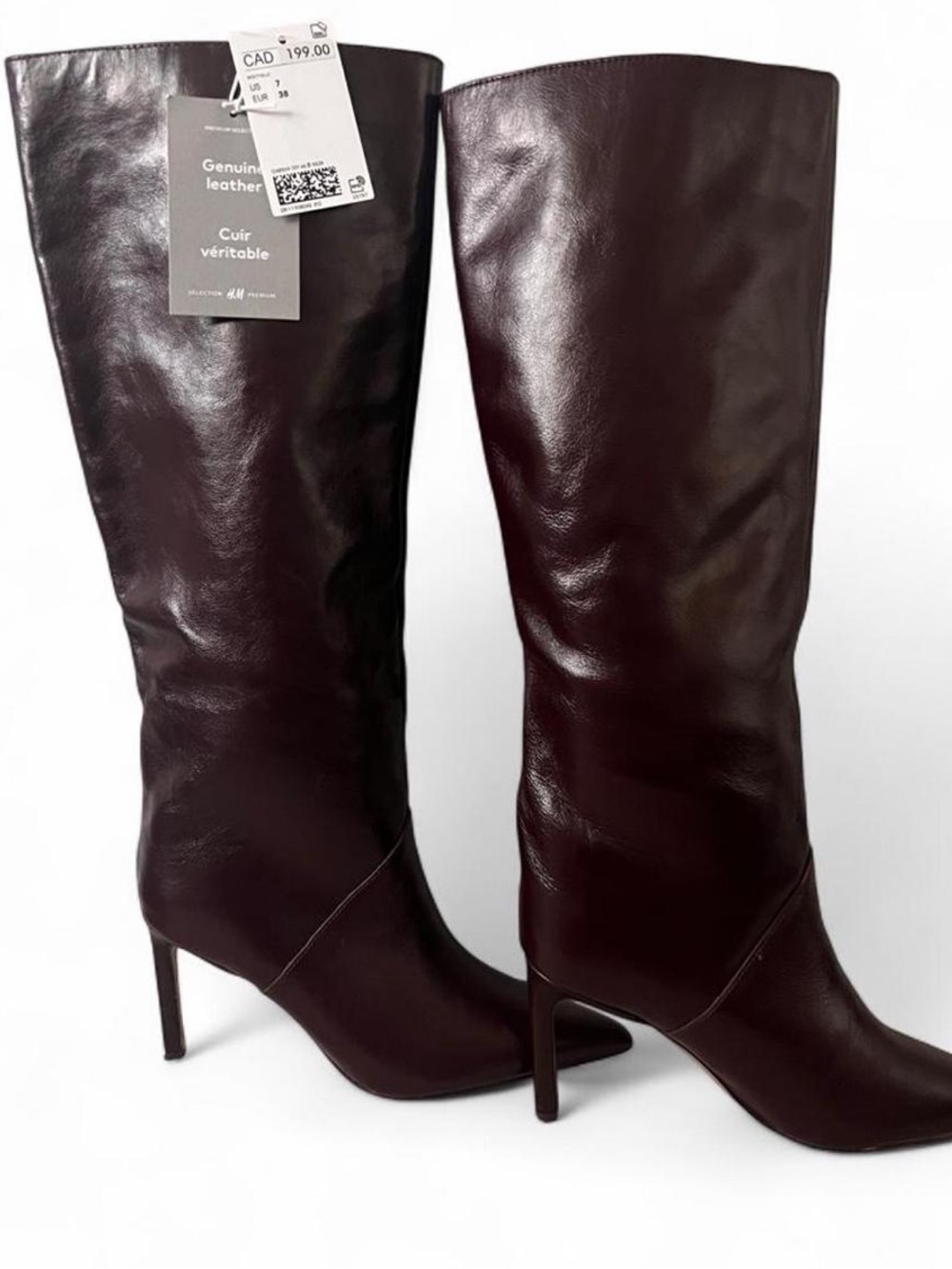 Brand New H&M Knee-High Authentic Leather Stiletto Boots - Burgundy
